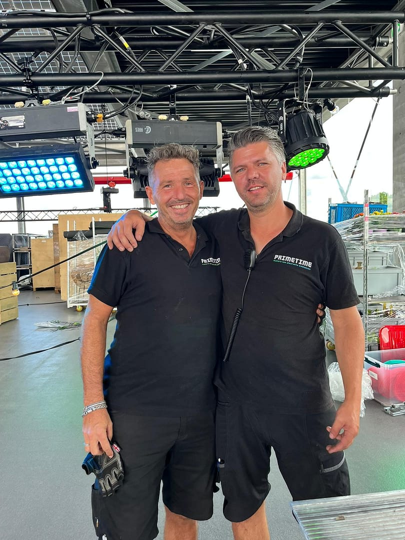 Rob Janssen en Eric van den Berg tijdens een productie voor Primetime